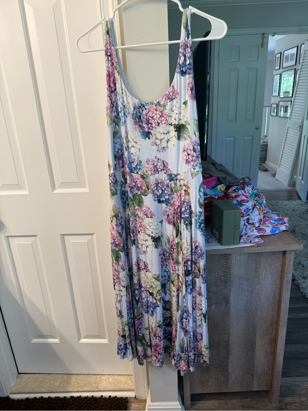 Posh Peanut White Floral Midi Dress with Pink, Purple and Blue Hydrangeas